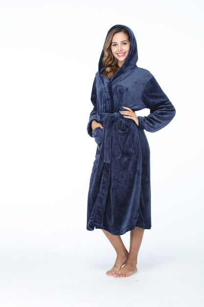RONGTAI Womens Long Robes Plush Fleece Nightgown Thick Hooded Bathrobe With Pockets Fluffy Sleepwear For Men