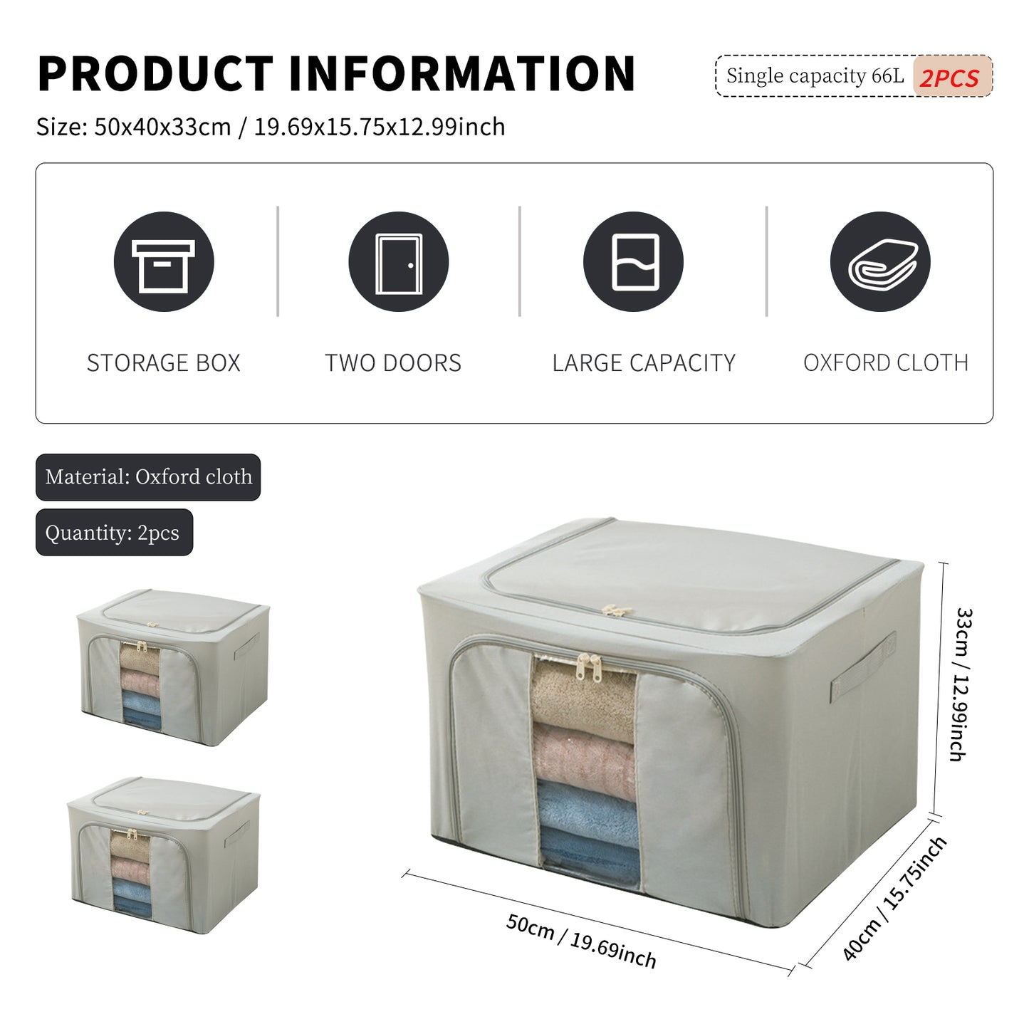 2PCS Foldable Oxford Cloth Storage Boxes  Large Capacity With Clear Window & Sturdy Zippered Lids
