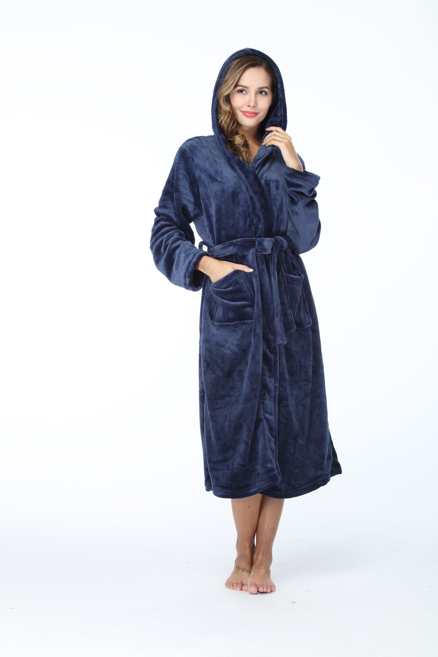 RONGTAI Womens Long Robes Plush Fleece Nightgown Thick Hooded Bathrobe With Pockets Fluffy Sleepwear For Men