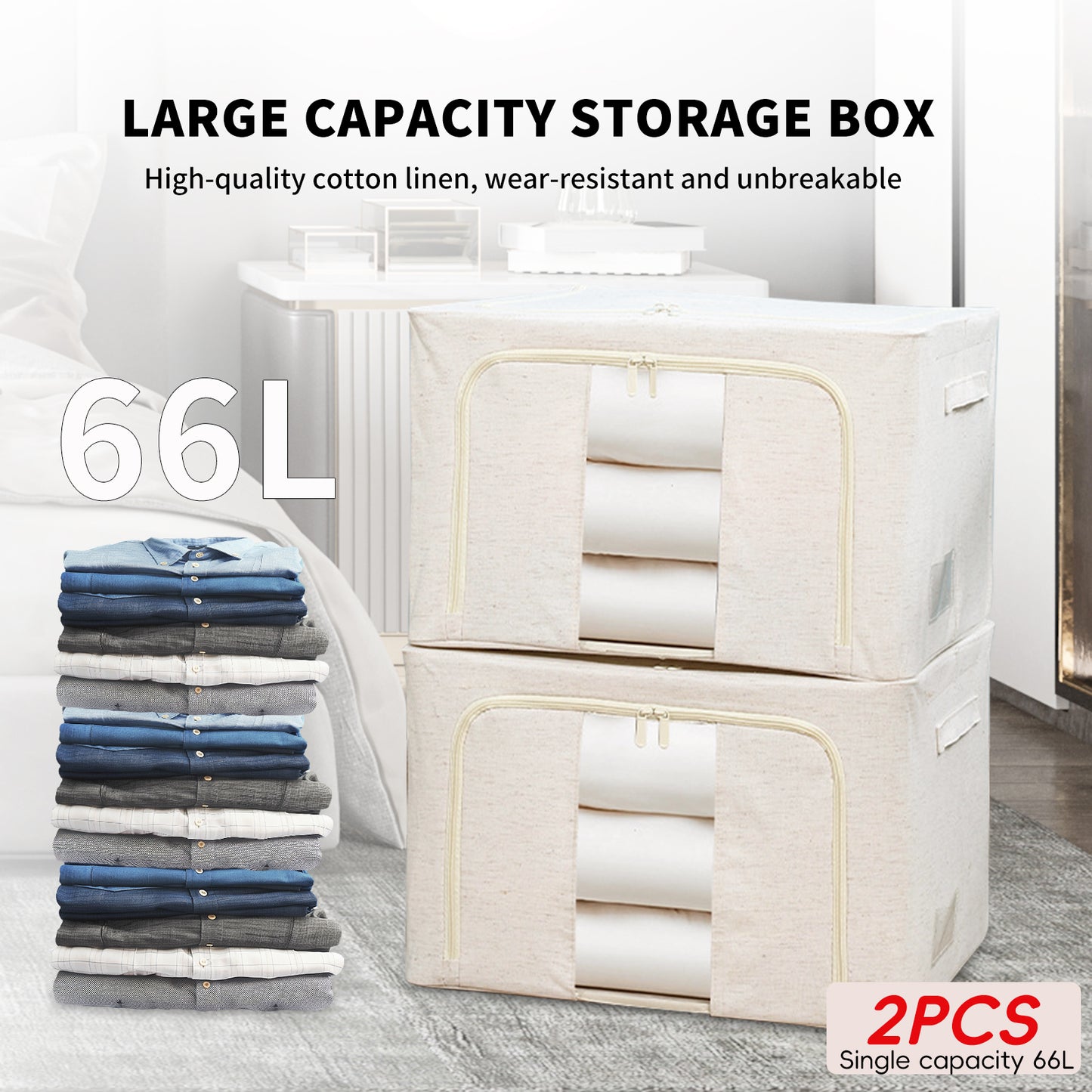 2PCS Foldable Oxford Cloth Storage Boxes  Large Capacity With Clear Window & Sturdy Zippered Lids